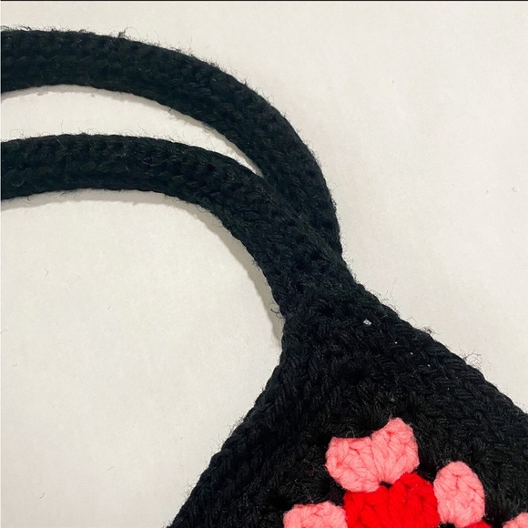 Vintage Crochet Rainbow Granny Square Small Tote Bag with Lining and Pocket - Picture 5 of 7